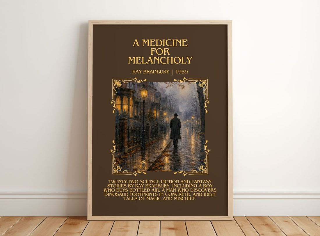 A Medicine For Melancholy Minimalist Book Poster by Ray Bradbury – framed print leaning on a wooden floor