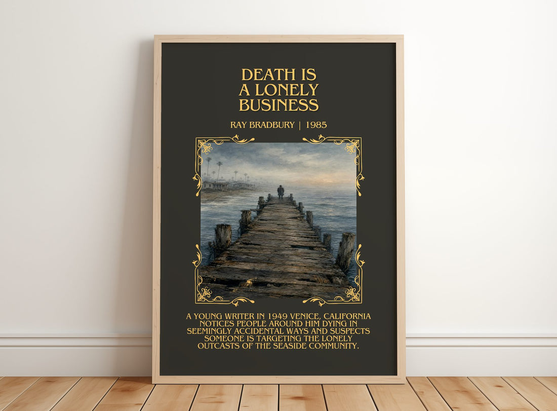Death Is A Lonely Business Minimalist Book Poster by Ray Bradbury – framed print leaning on a wooden floor