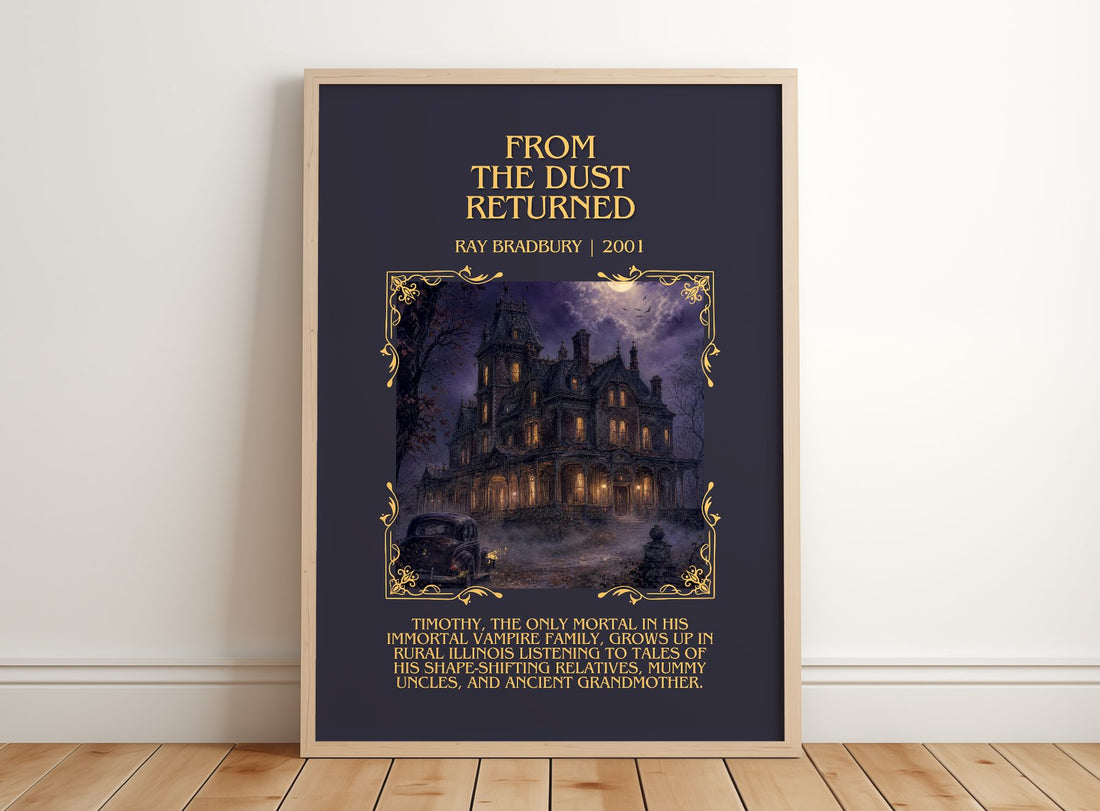 From The Dust Returned Minimalist Book Poster by Ray Bradbury – framed print leaning on a wooden floor