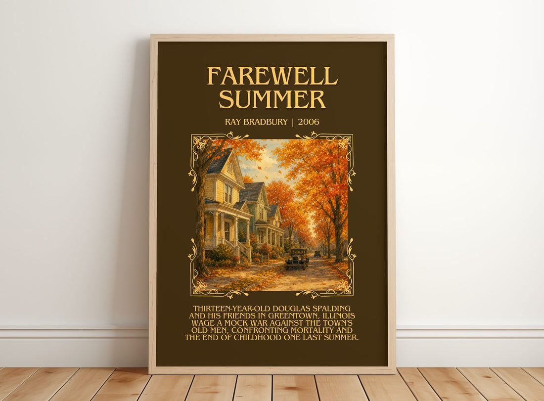Farewell Summer Minimalist Book Poster by Ray Bradbury – framed print leaning on a wooden floor
