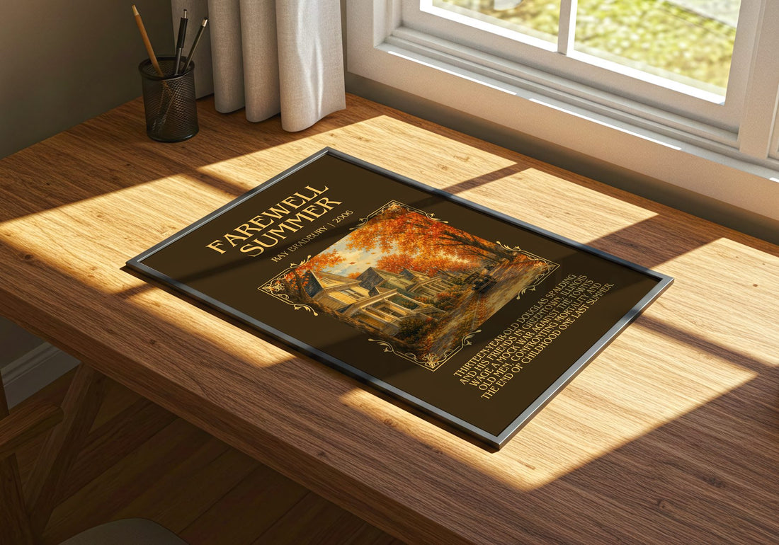 Farewell Summer Minimalist Book Poster by Ray Bradbury – print on a sunlit desk