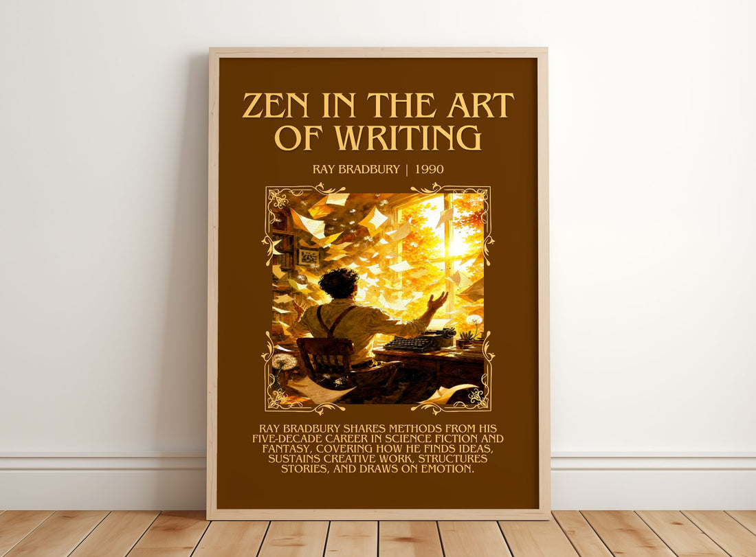 Zen In The Art Of Writing Minimalist Book Poster by Ray Bradbury – framed print leaning on a wooden floor