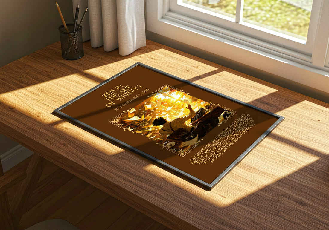 Zen In The Art Of Writing Minimalist Book Poster by Ray Bradbury – print on a sunlit desk