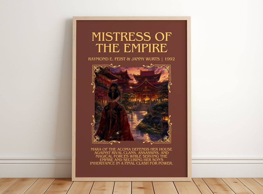 Mistress Of The Empire Minimalist Book Poster by R. Wurts – framed print leaning on a wooden floor