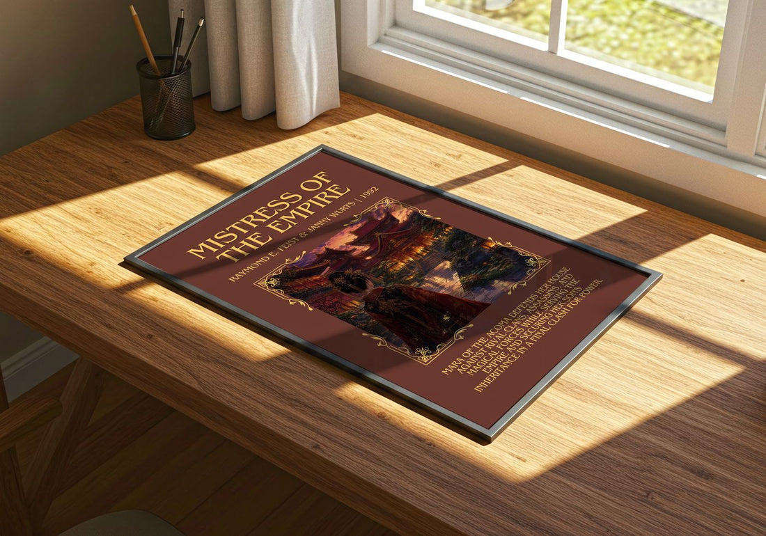 Mistress Of The Empire Minimalist Book Poster by R. Wurts – print on a sunlit desk