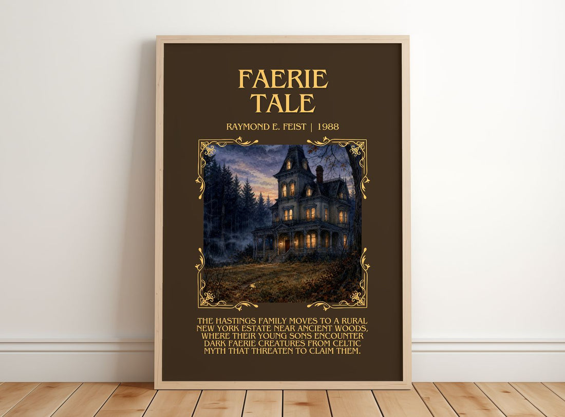 Faerie Tale Minimalist Book Poster by Raymond E. Feist – framed print leaning on a wooden floor