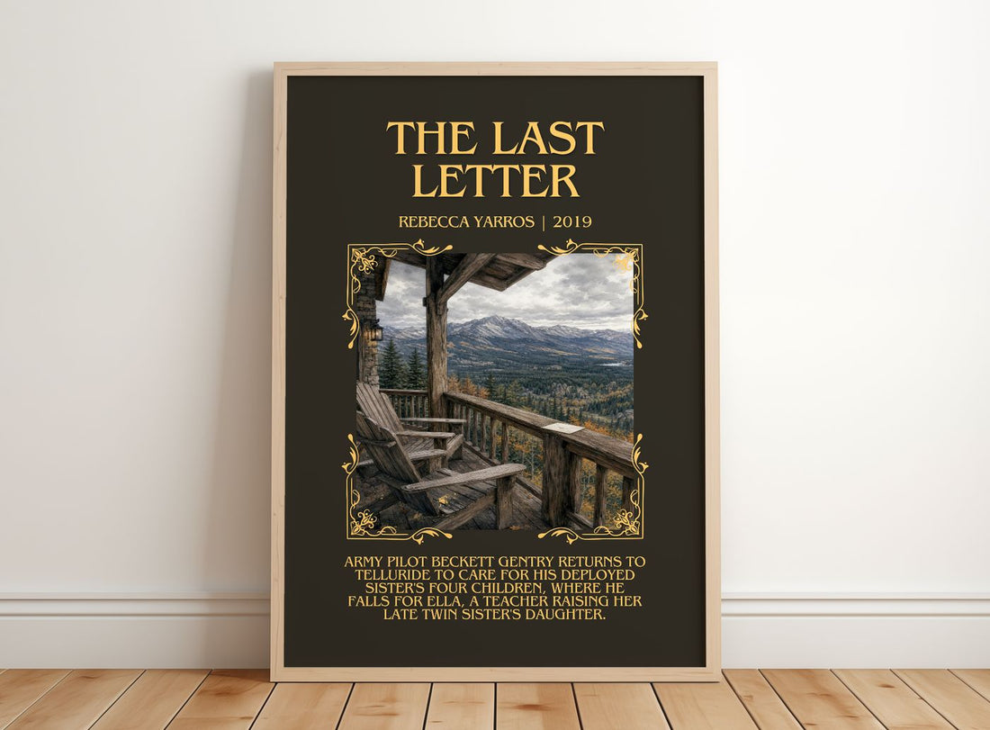 The Last Letter Minimalist Book Poster by Rebecca Yarros – framed print leaning on a wooden floor