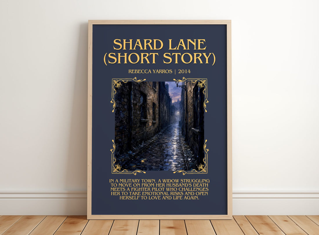 Shard Lane (Short Story) Minimalist Book Poster by Rebecca Yarros – framed print leaning on a wooden floor