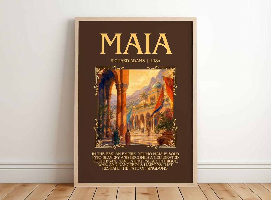 Maia Minimalist Book Poster by Richard Adams – framed print leaning on a wooden floor