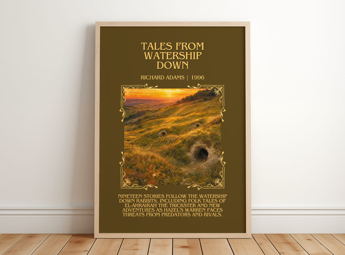 Tales From Watership Down Minimalist Book Poster by Richard Adams – framed print leaning on a wooden floor