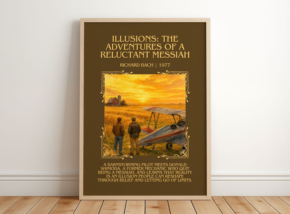 Illusions: The Adventures Of A Reluctant Messiah Minimalist Book – framed print leaning on a wooden floor
