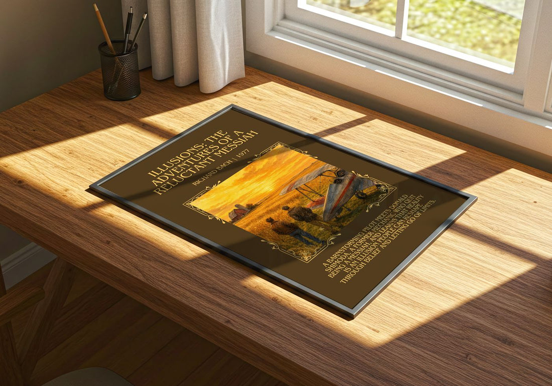 Illusions: The Adventures Of A Reluctant Messiah Minimalist Book – print on a sunlit desk