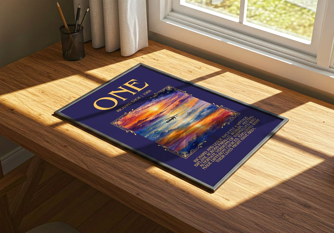 One Minimalist Book Poster by Richard Bach – print on a sunlit desk