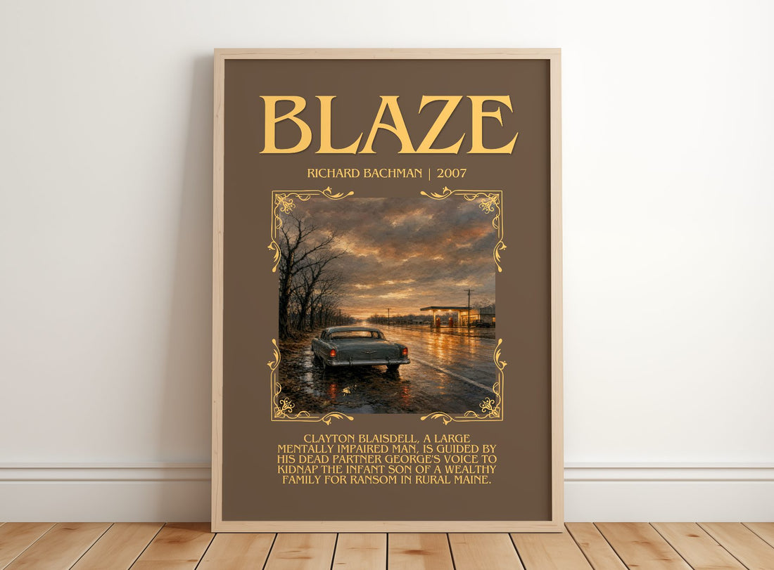 Blaze Minimalist Book Poster by Richard Bachman – framed print leaning on a wooden floor