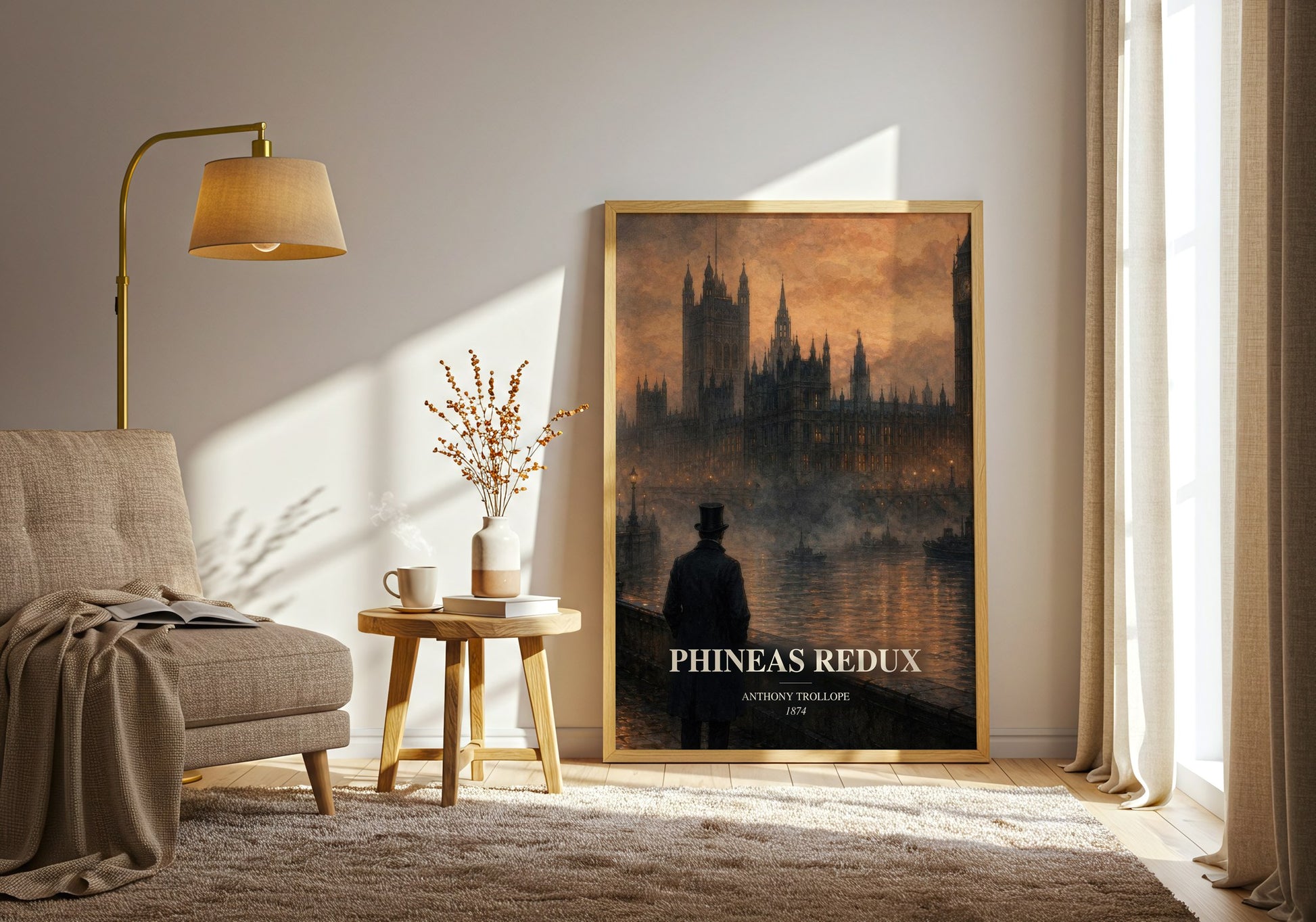 Phineas Redux watercolour print in frame leaning in hallway – classic literature wall art