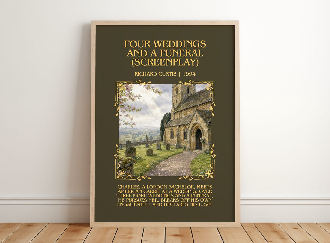 Four Weddings And A Funeral (Screenplay) Minimalist Book Poster – framed print leaning on a wooden floor