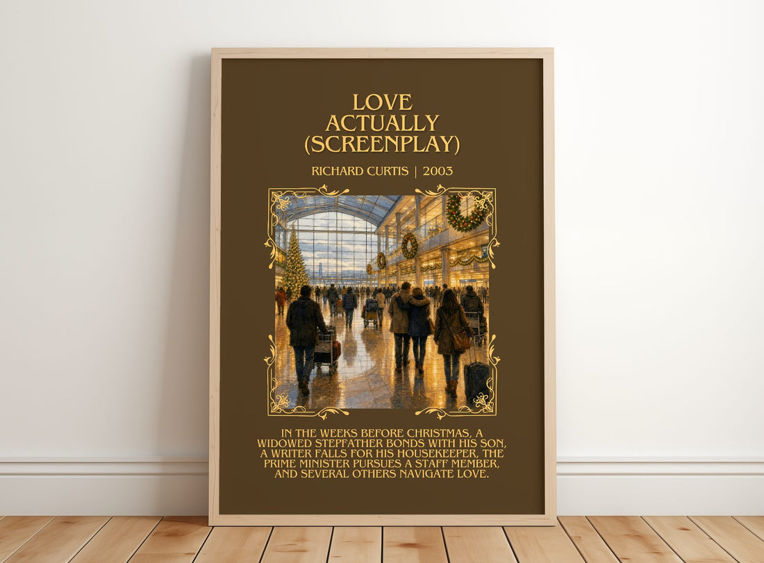 Love Actually (Screenplay) Minimalist Book Poster by Richard Curtis – framed print leaning on a wooden floor