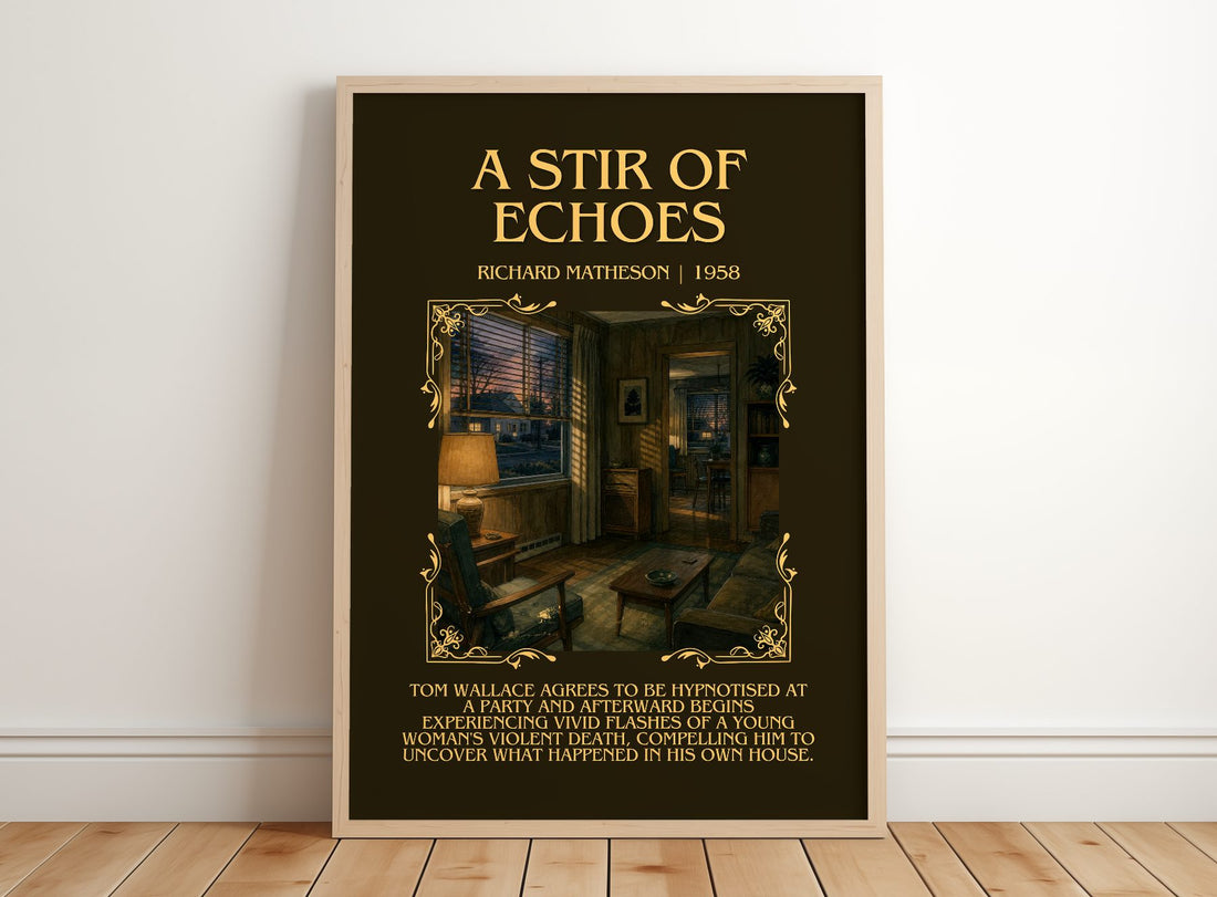A Stir Of Echoes Minimalist Book Poster by Richard Matheson – framed print leaning on a wooden floor