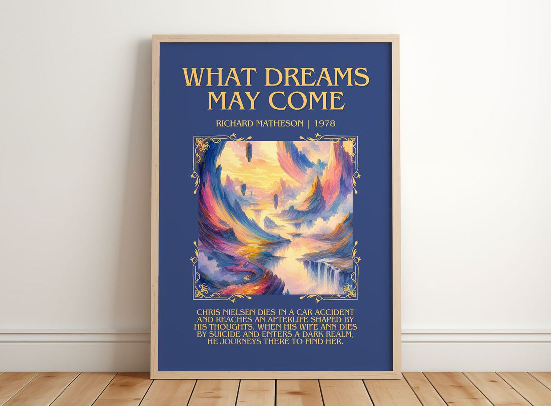 What Dreams May Come Minimalist Book Poster by Richard Matheson – framed print leaning on a wooden floor