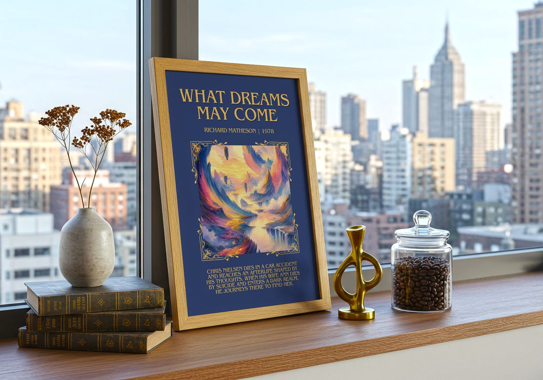 What Dreams May Come Minimalist Book Poster by Richard Matheson – framed print on a city-view windowsill