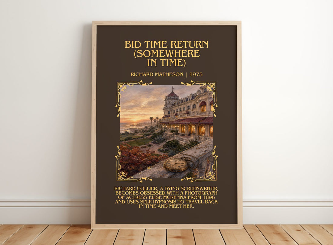 Bid Time Return (Somewhere In Time) Minimalist Book Poster – framed print leaning on a wooden floor