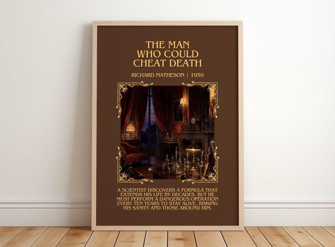 Man Who Could Cheat Death Minimalist Book Poster by Richard Matheson – framed print leaning on a wooden floor