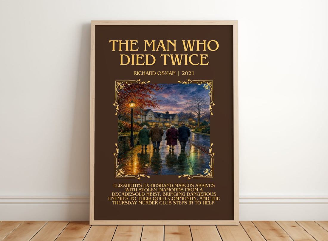 The Man Who Died Twice Minimalist Book Poster by Richard Osman – framed print leaning on a wooden floor
