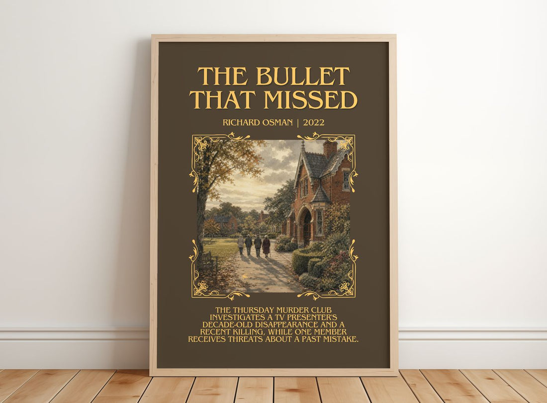 The Bullet That Missed Minimalist Book Poster by Richard Osman – framed print leaning on a wooden floor