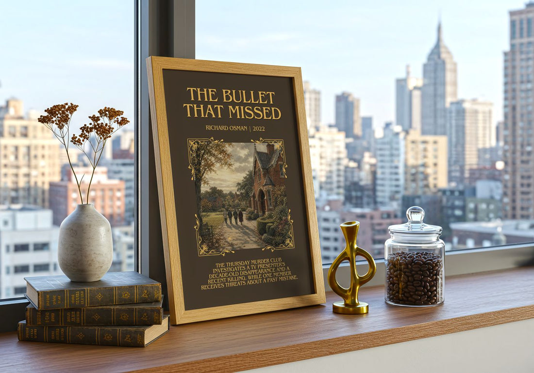 The Bullet That Missed Minimalist Book Poster by Richard Osman – framed print on a city-view windowsill
