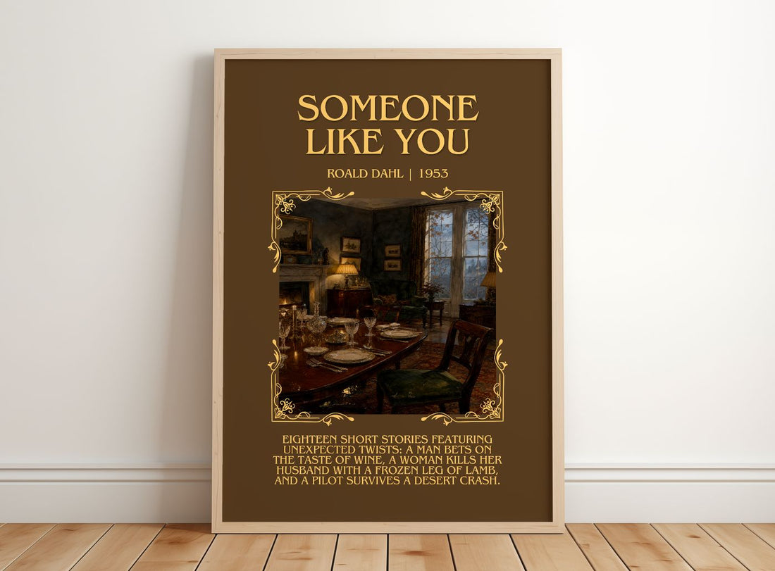 Someone Like You Minimalist Book Poster by Roald Dahl – framed print leaning on a wooden floor