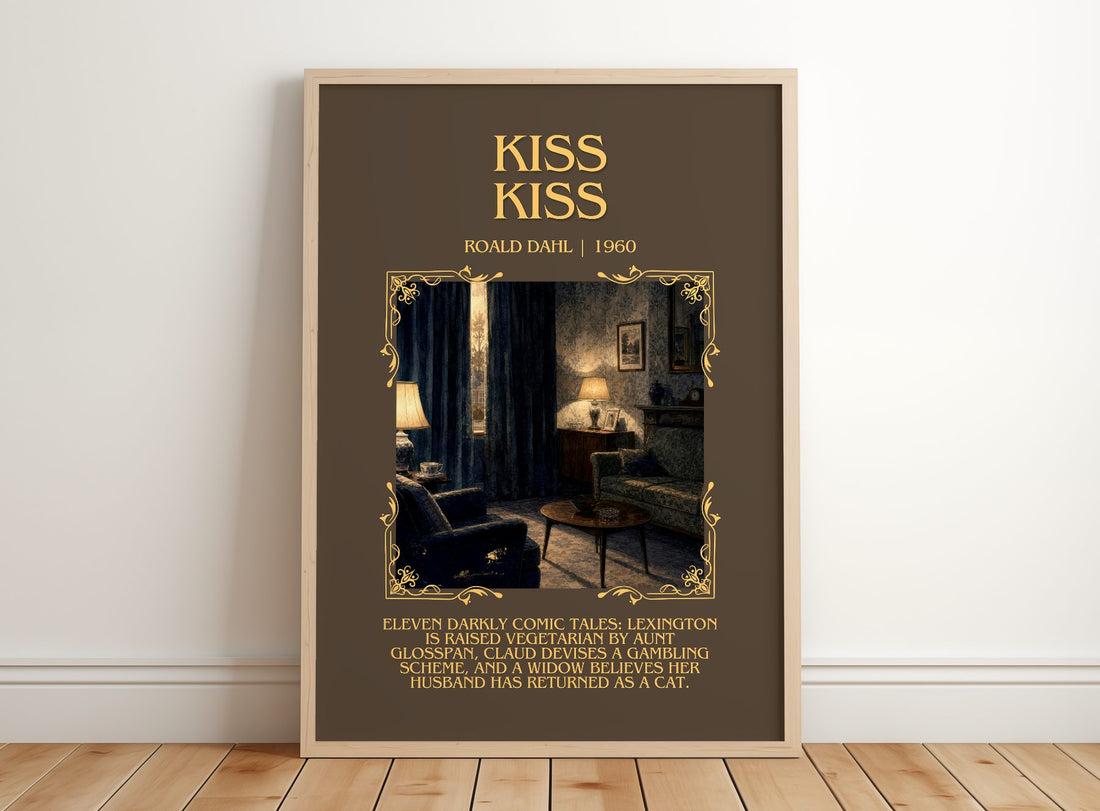 Kiss Kiss Minimalist Book Poster by Roald Dahl – framed print leaning on a wooden floor