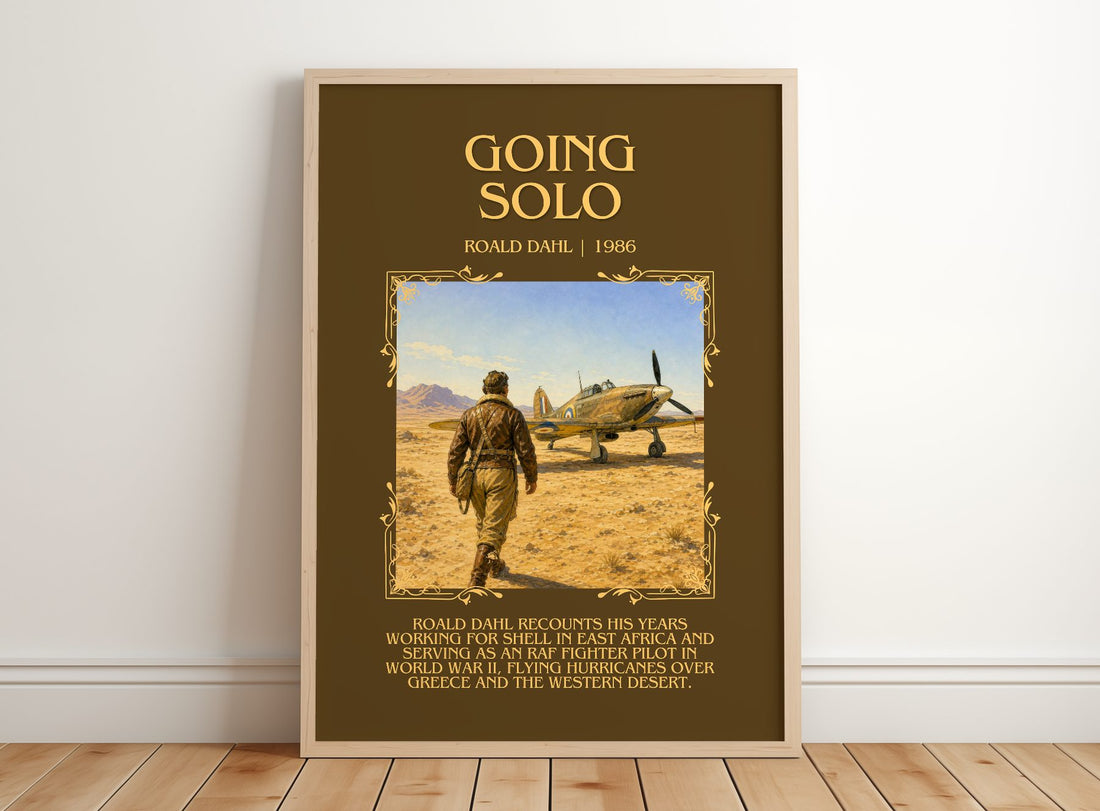 Going Solo Minimalist Book Poster by Roald Dahl – framed print leaning on a wooden floor