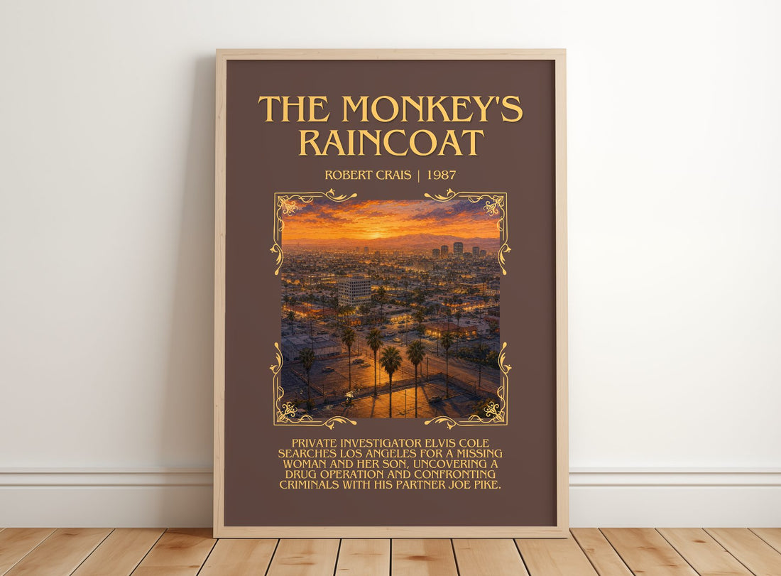 The Monkey'S Raincoat Minimalist Book Poster by Robert Crais – framed print leaning on a wooden floor