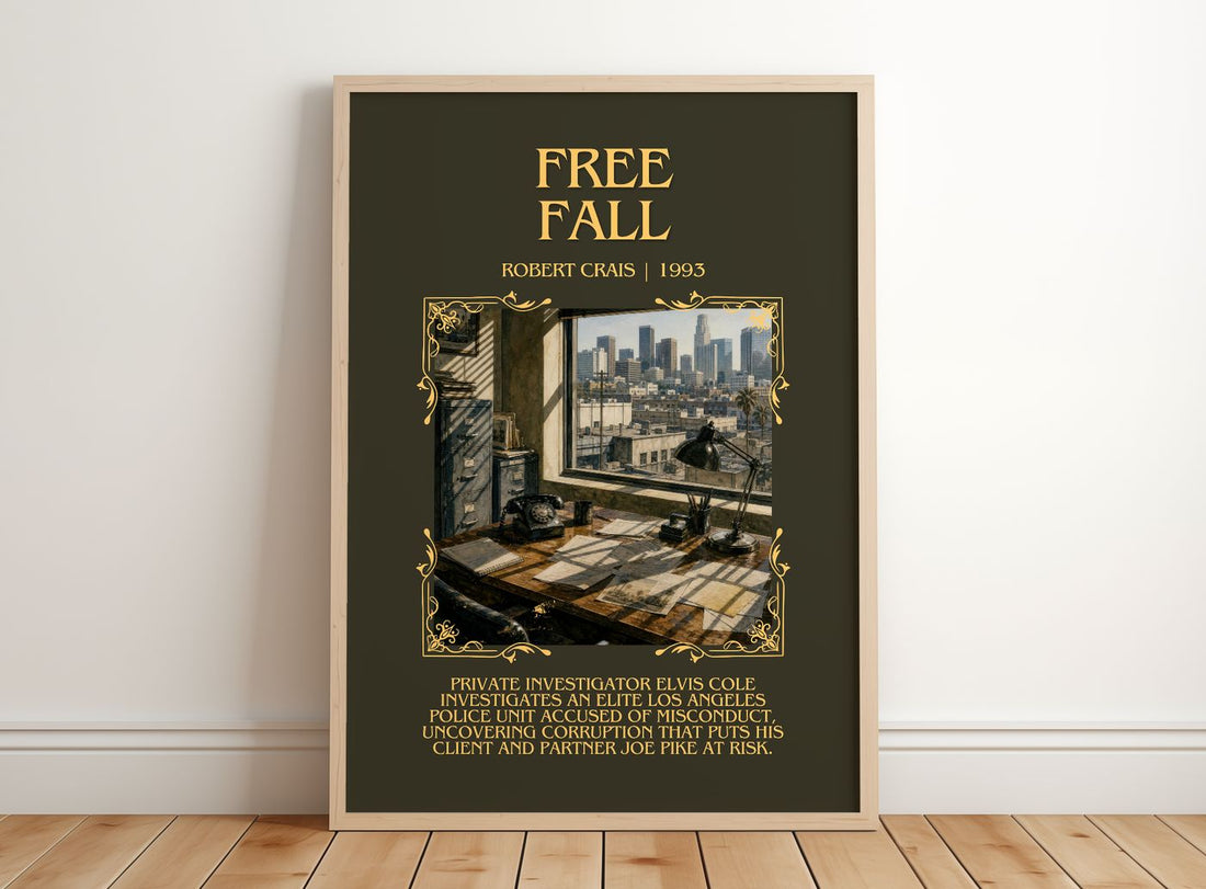Free Fall Minimalist Book Poster by Robert Crais – framed print leaning on a wooden floor