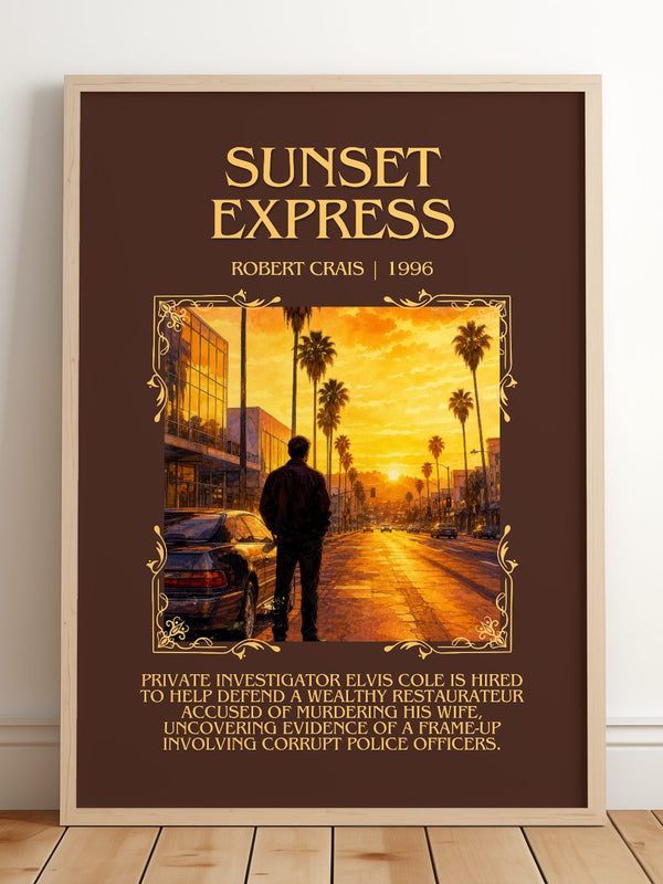 Sunset Express Minimalist Book Poster by Robert Crais – framed print leaning on a wooden floor