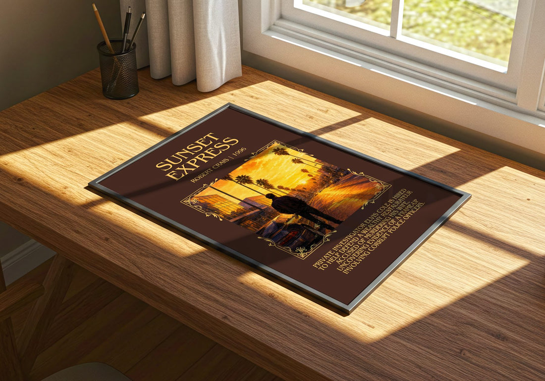 Sunset Express Minimalist Book Poster by Robert Crais – print on a sunlit desk