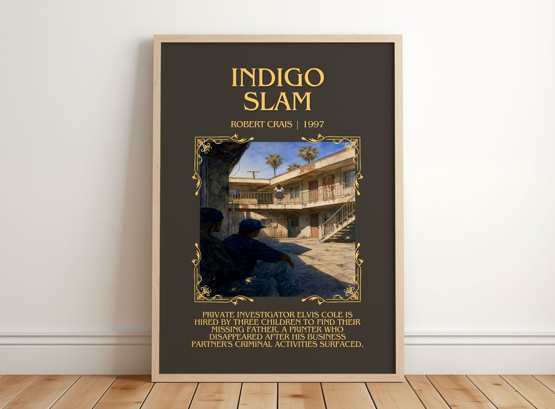 Indigo Slam Minimalist Book Poster by Robert Crais – framed print leaning on a wooden floor