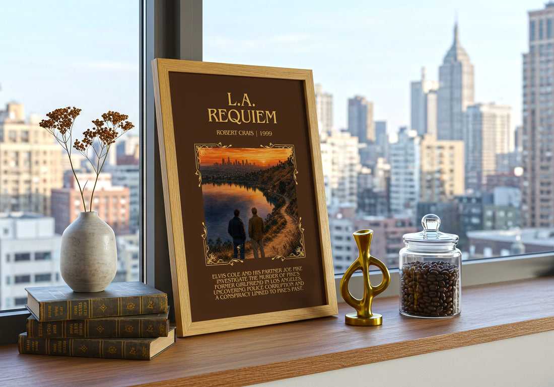 L.A. Requiem Minimalist Book Poster by Robert Crais – framed print on a city-view windowsill
