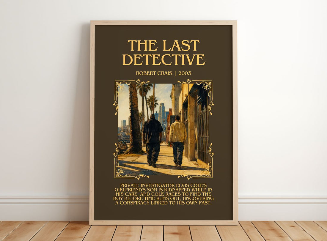 The Last Detective Minimalist Book Poster by Robert Crais – framed print leaning on a wooden floor