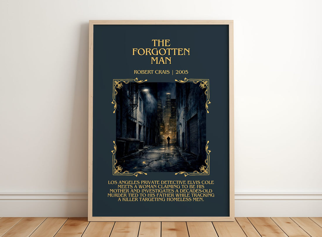 The Forgotten Man Minimalist Book Poster by Robert Crais – framed print leaning on a wooden floor