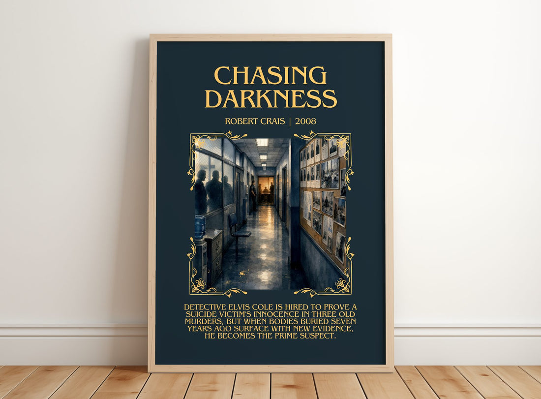 Chasing Darkness Minimalist Book Poster by Robert Crais – framed print leaning on a wooden floor