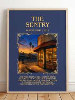 The Sentry Minimalist Book Poster by Robert Crais – framed print leaning on a wooden floor