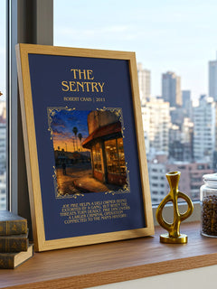 The Sentry Minimalist Book Poster by Robert Crais – framed print on a city-view windowsill