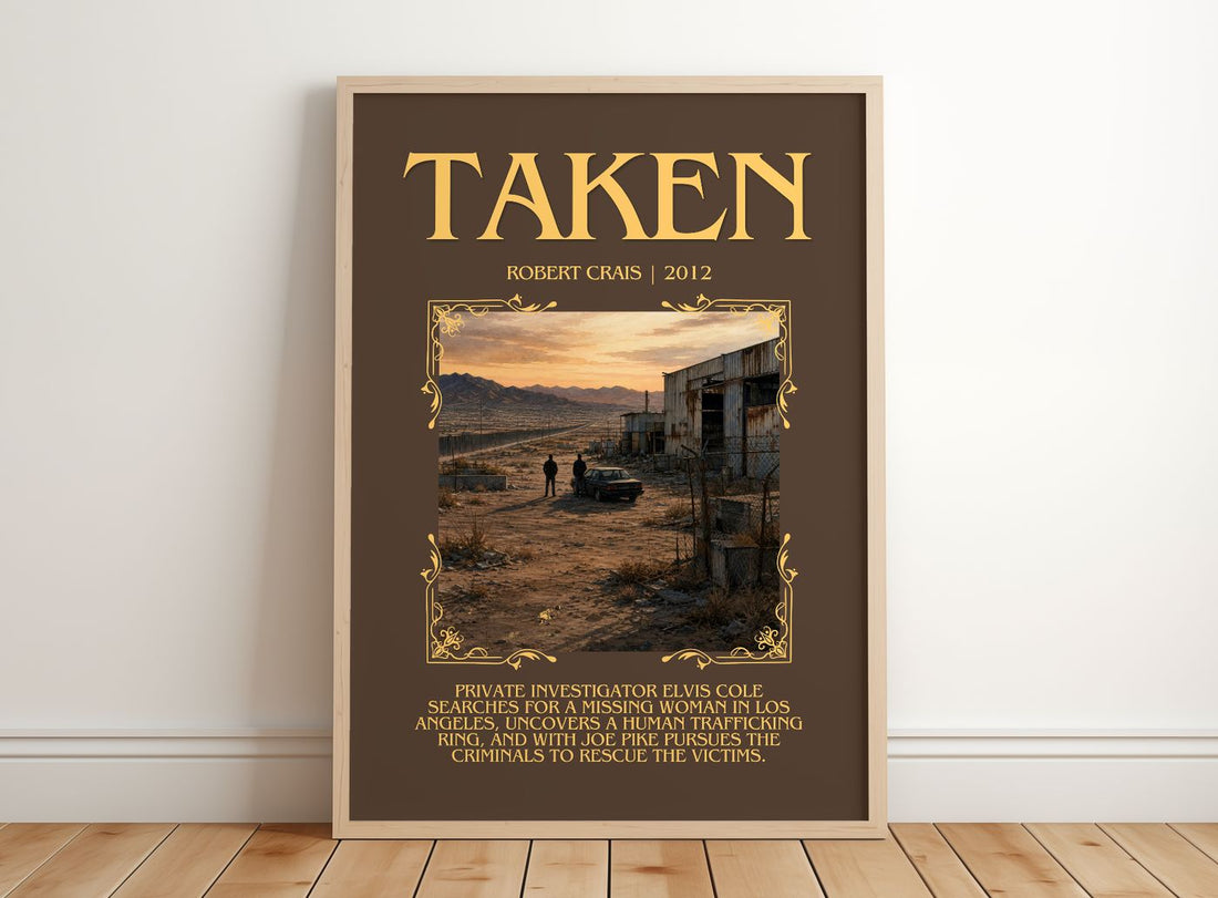 Taken Minimalist Book Poster by Robert Crais – framed print leaning on a wooden floor