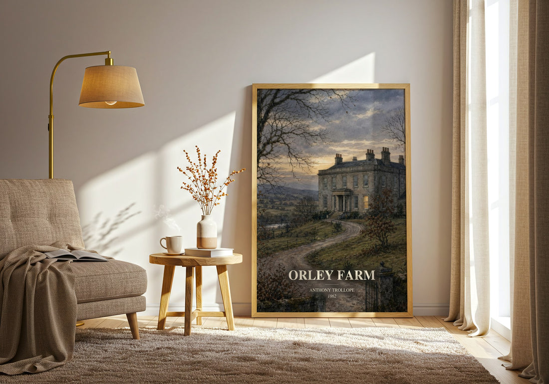 Orley Farm watercolour print in frame leaning in hallway – classic literature wall art (mockup)