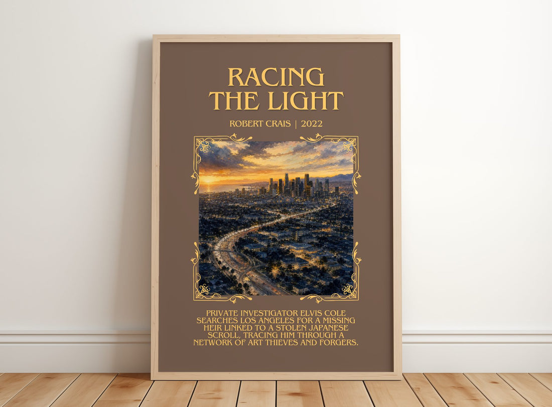 Racing The Light Minimalist Book Poster by Robert Crais – framed print leaning on a wooden floor