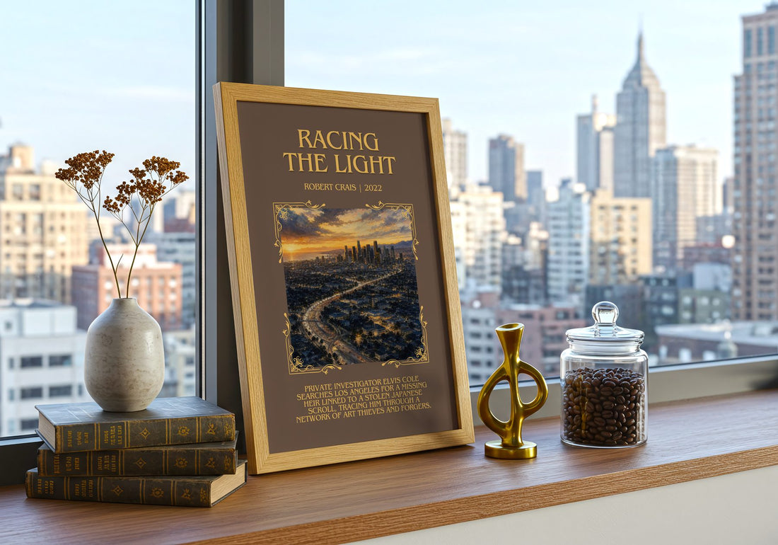 Racing The Light Minimalist Book Poster by Robert Crais – framed print on a city-view windowsill