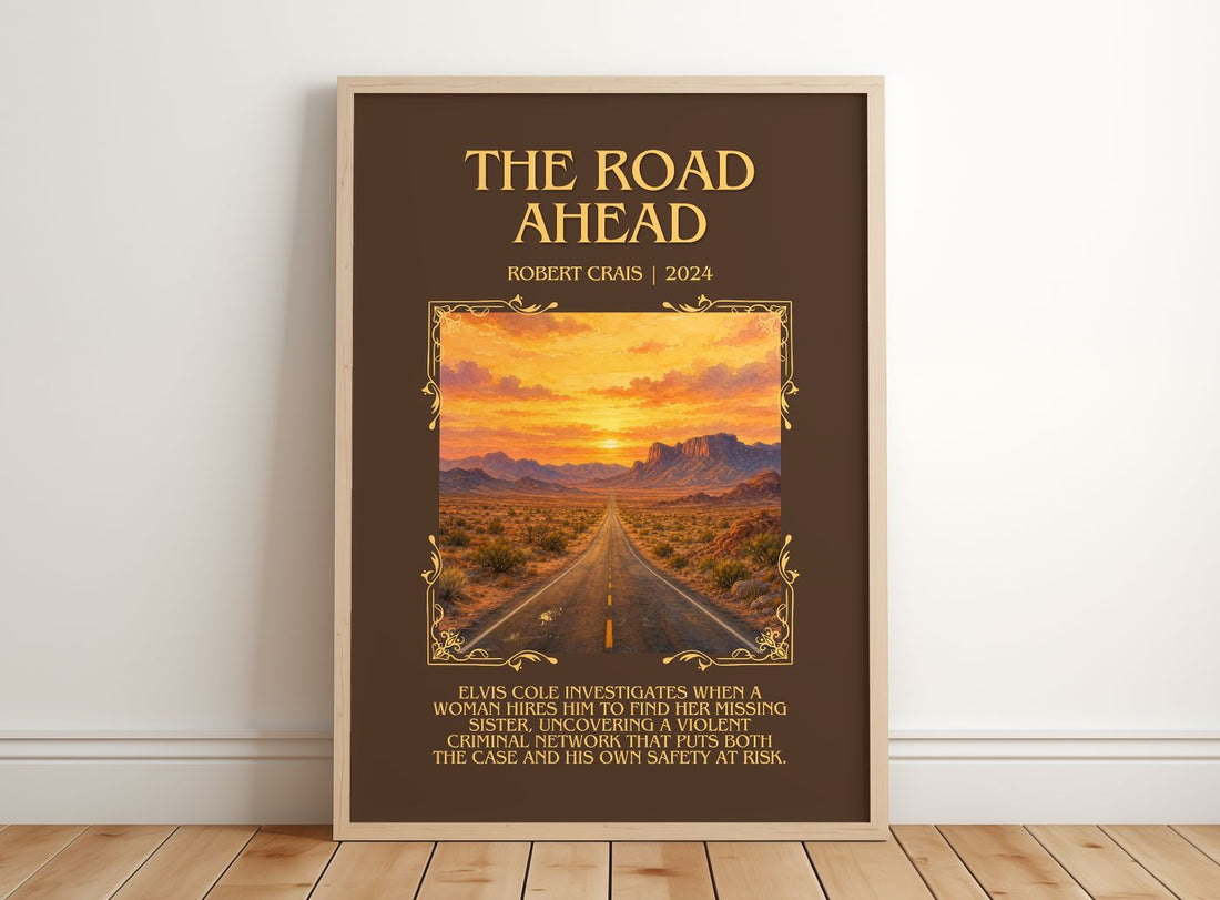 The Road Ahead Minimalist Book Poster by Robert Crais – framed print leaning on a wooden floor