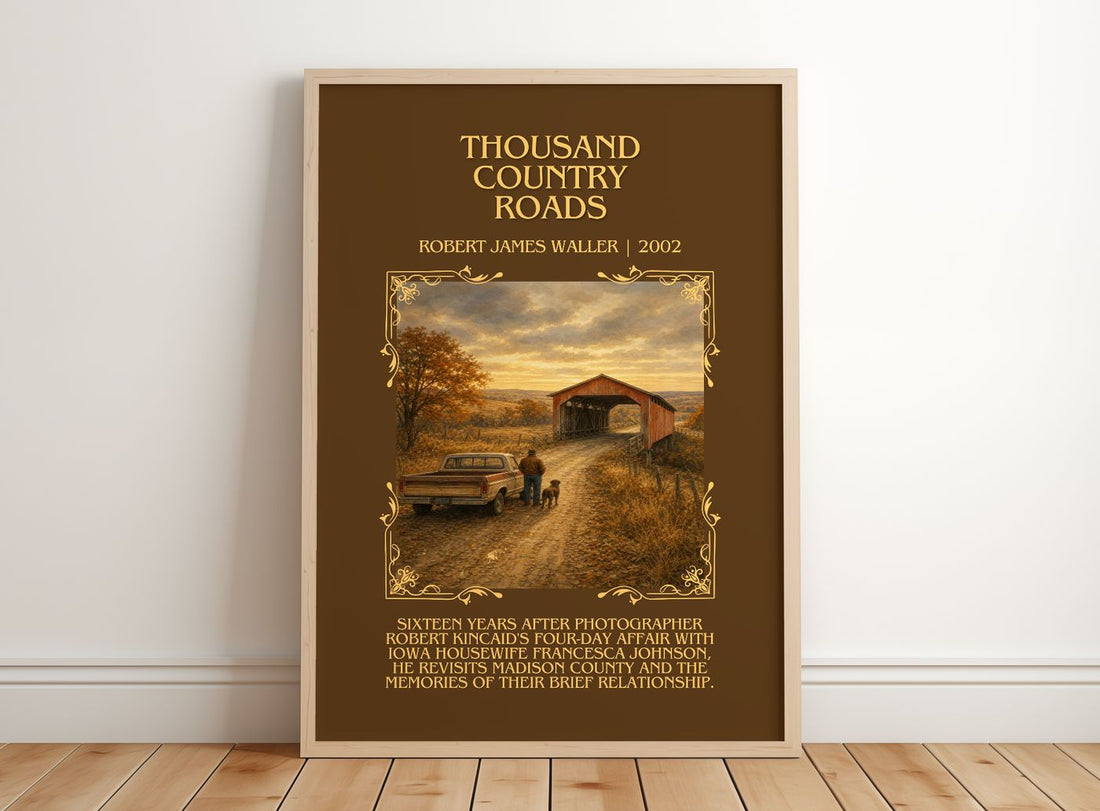 Thousand Country Roads Minimalist Book Poster by Robert James Waller – framed print leaning on a wooden floor