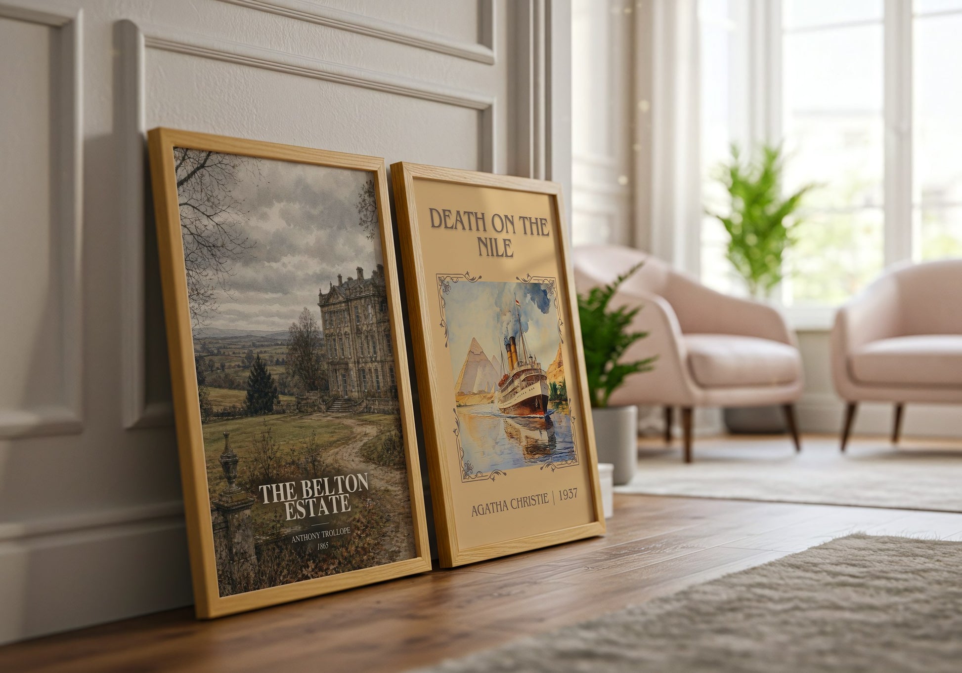 The Belton Estate watercolour print framed by window – literary home decor